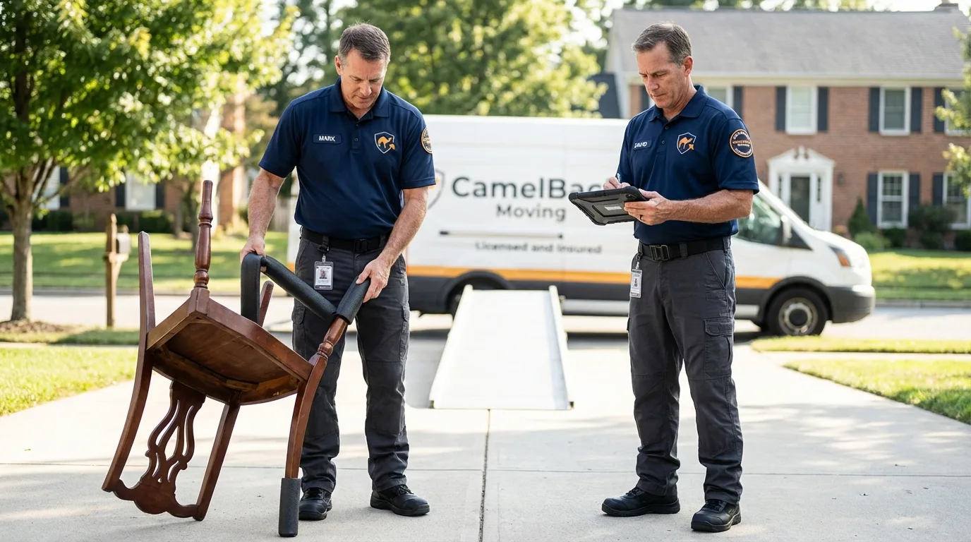 Movers inspecting furniture for damage prevention before loading in Titusville, FL