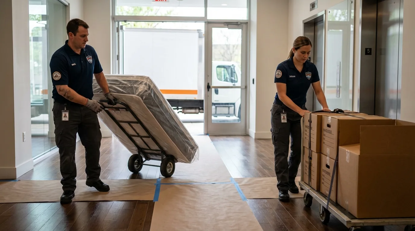 Professional apartment movers loading elevator in Titusville, FL
